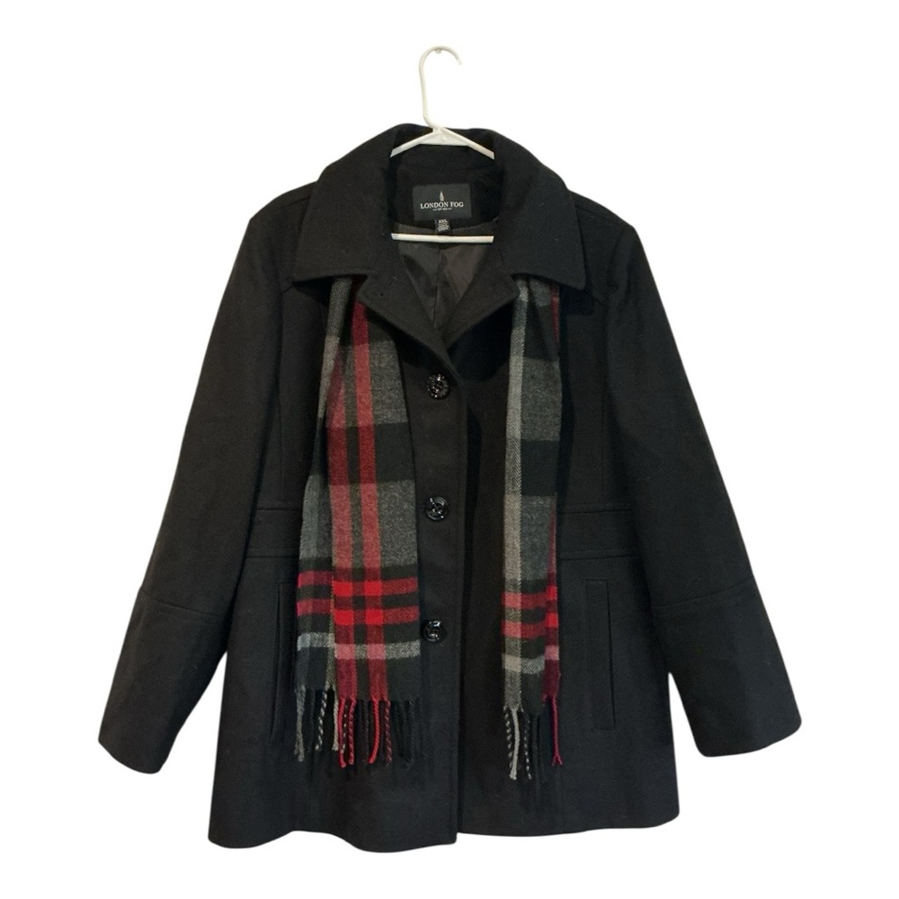 NWT London Fog Women’s Wool-Blend Peacoat Jacket XXL with Plaid Scarf – Black
